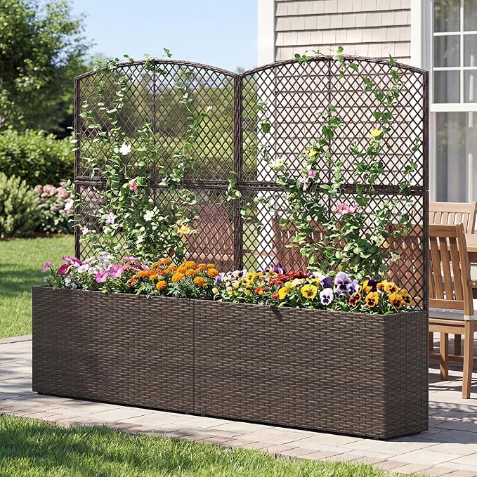 Byroce Raised Garden Bed PE Rattan Planter Box with Lattice Trellis Liner &amp Drainage Outdoor Standing Privacy Planter for Patio Balcony Climbing Plants &amp Hanging Flower (1 Brown 40” x 11”