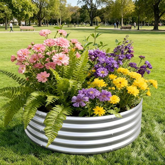 4x4x1ft(2 Pack) Galvanized Round Raised Garden BedOutdoor Planter Box Metal Patio Kit Planting Bed for Vegetables Flowers HerbSilver