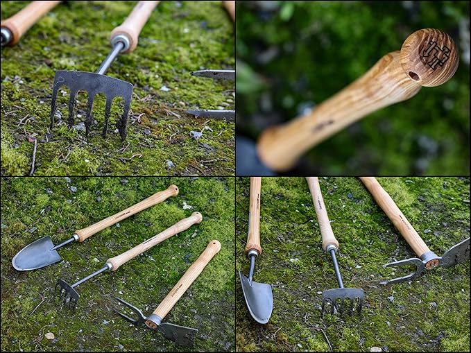 IDEALSPATEN Small Garden Tool Set Collection - 4 Piece Set - Panzer Field Shovel Heidelberg Hand Mattock Hanover Hand Rake Lübeck Hand Shovel