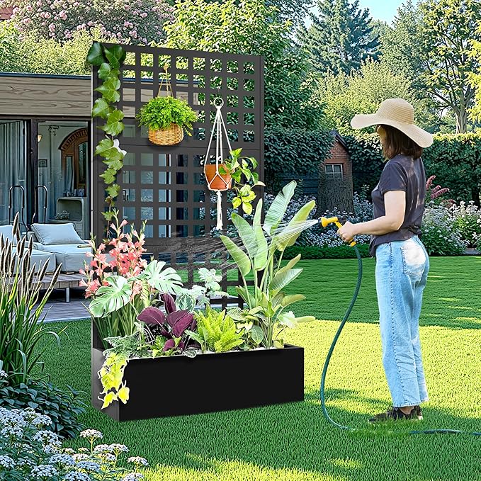 Metal Raised Garden Bed with Trellis 2 in 1 Trellis with Planter Box &amp Privacy Screen for Climbing Plants Vine Outdoor Standing Flower Beds with Drainage Holes 35.4 L x 16.7 W x 70.8 H Bla