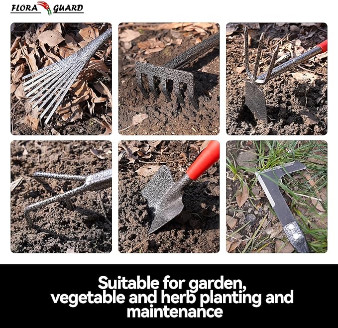 FLORA GUARD 6-Piece Garden Tool Set Heavy Duty Gardening Hand ToolsIncludes Trowel Rake 2-in-1 Hoe &amp Crack Weeder Durable Yard Gardening Tools Ideal Gardening Gift for Men &amp Women