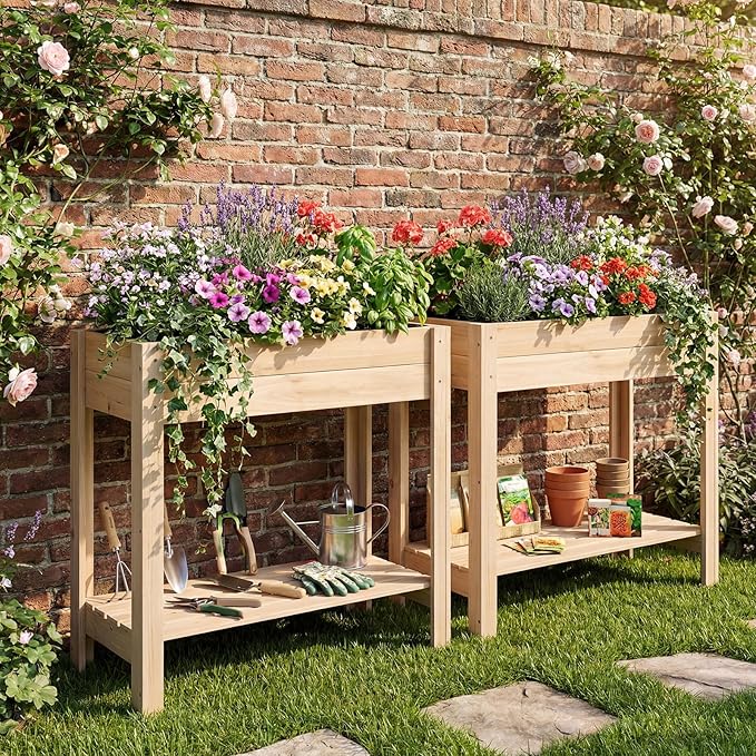 Giantex Wood Raised Garden Bed w/Lower Shelf Planter Box with Legs for Flower Herb Vegetable Fruit Indoor Outdoor Elevated Raised Beds for Gardening Backyard Patio Balcony