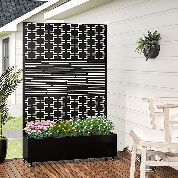 Casaphoria Metal Raised Garden Bed with Trellis and Wheels 72x47x16 Planter Box for Climbing Plants Vegetables &amp Vines Features Drainage Holes and Privacy Screen Black(Square&ampShine)