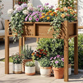 DWVO Raised Garden Bed HDPE with Legs Poly-Wood Weatherproof Elevated Planter Box Outdoor with Drainage System Patio Planters for Herbs Vegetables Flowers Plant Bed for Garden Balcony Backyard Teak