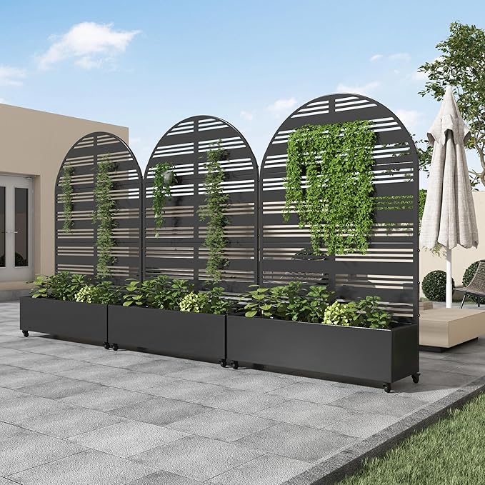 Casaphoria Metal Raised Garden Bed with Trellis and Wheels 72x47x16 Arched Planter Box for Climbing Plants Vegetables &amp Vines Features Drainage Holes and Privacy Screen (Black-Harold)