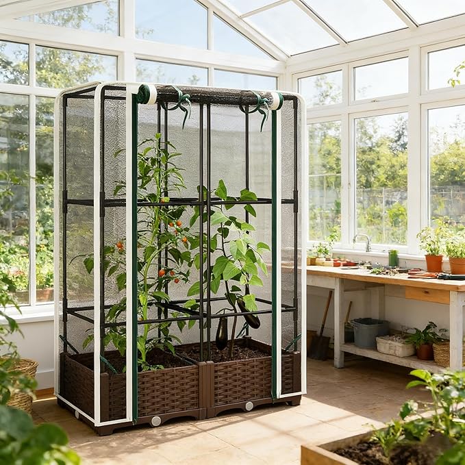 Organic Gardening Raised Bed with Enclosed Plant Cage Grow Healthier Vegetables Without Chemicals - Ventilated Crop Cage Protects Tomatoes Berries &amp Greens from Birds and Insects Naturally (Whit