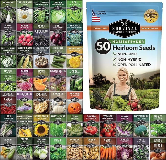 Homesteader Seed Vault - 50 Packs of Non-GMO Heirloom Vegetable Fruit Herb Seeds for Planting a Victory Garden - Grow Survival Food for Storage Emergency Preparedness - Survival Garden Seeds