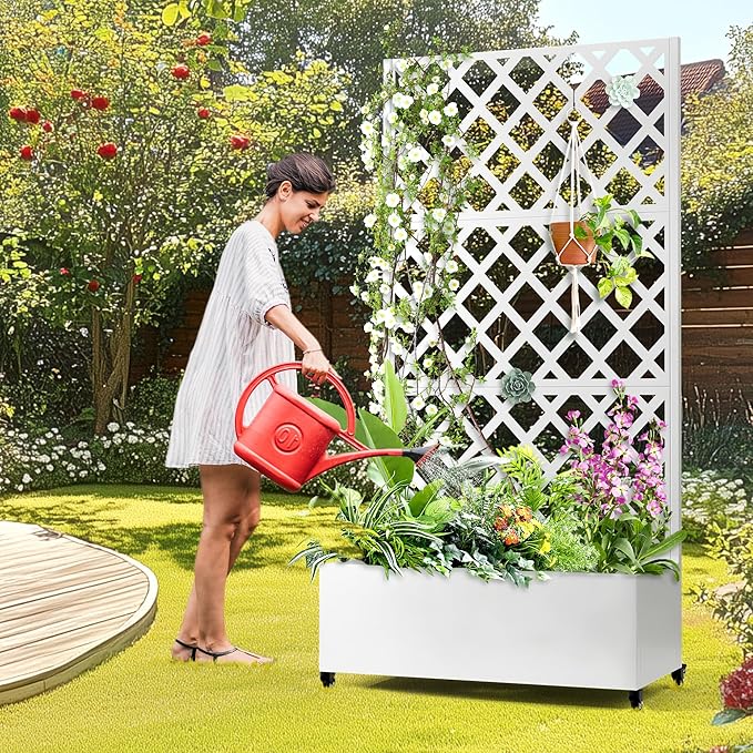 Metal Planter Box with Trellis Raised Garder Bed with Drainage Hole Privacy Screen &amp Trellis for Climbing Plants Outdoor Plant Stands 35''L×17''W×73''H White