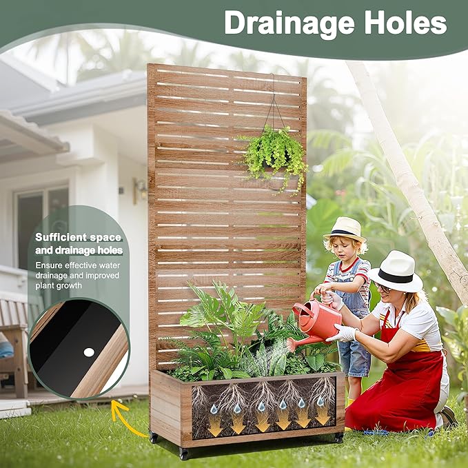 Metal Planter Box with Trellis for Patio Outdoor Raised Garden Beds with Privacy Screen Wheels Drainage Holes (35 L Brown Oak Grain)