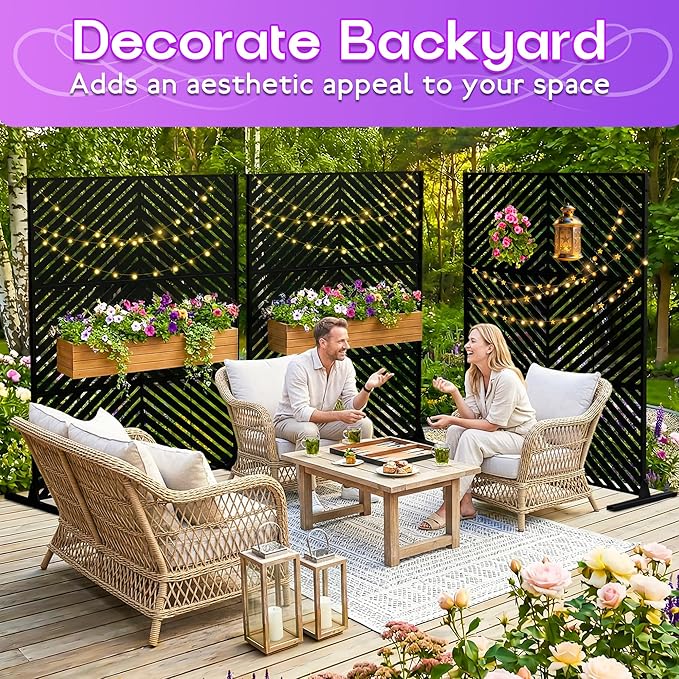 Metal Privacy Screen 72 H x 47.2 Decorative Outdoor Privacy Screen Privacy Panel with Stand for Balcony Deck Patio Lawn Garden Privacy Fence (Black-Arrow)
