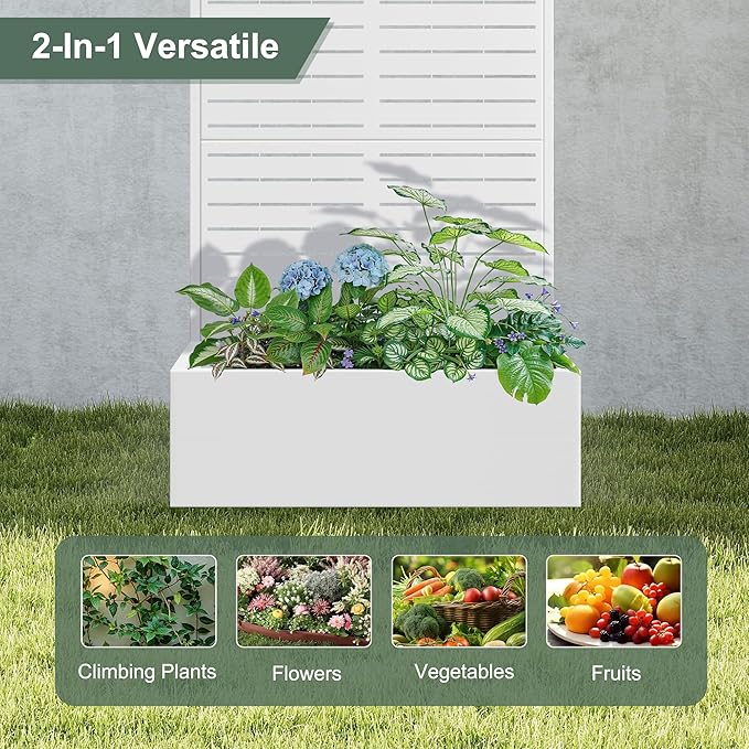 Metal Planter Box with Trellis for Patio 35 L×16 W×71 H Raised Garden Bed with Trellis Privacy Screen Planter Box for Climbing Plants Outdoor (White Blinds)