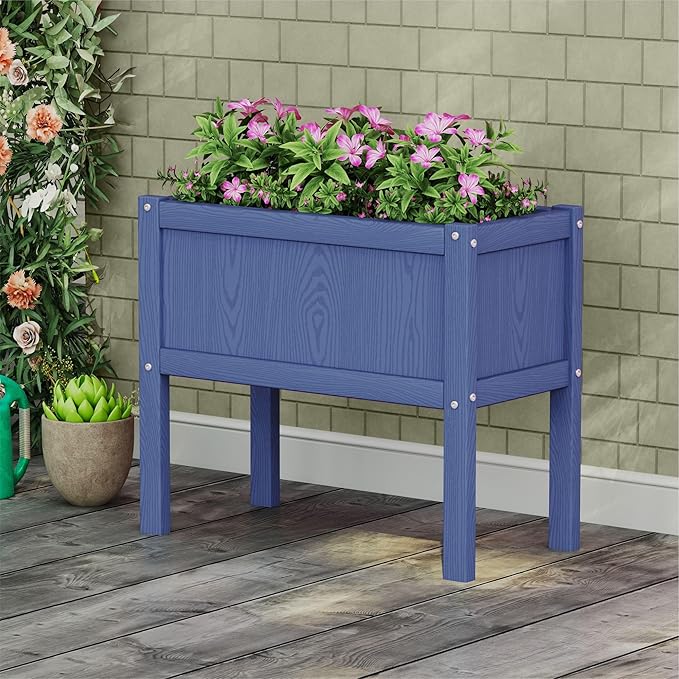 HDPE Raised Garden Bed with Legs All-Weather Outdoor Planter Box Easy to Assemble Drainage System Low Maintenance Non-Fading for Flower/Herb/Seed (Navy Blue)