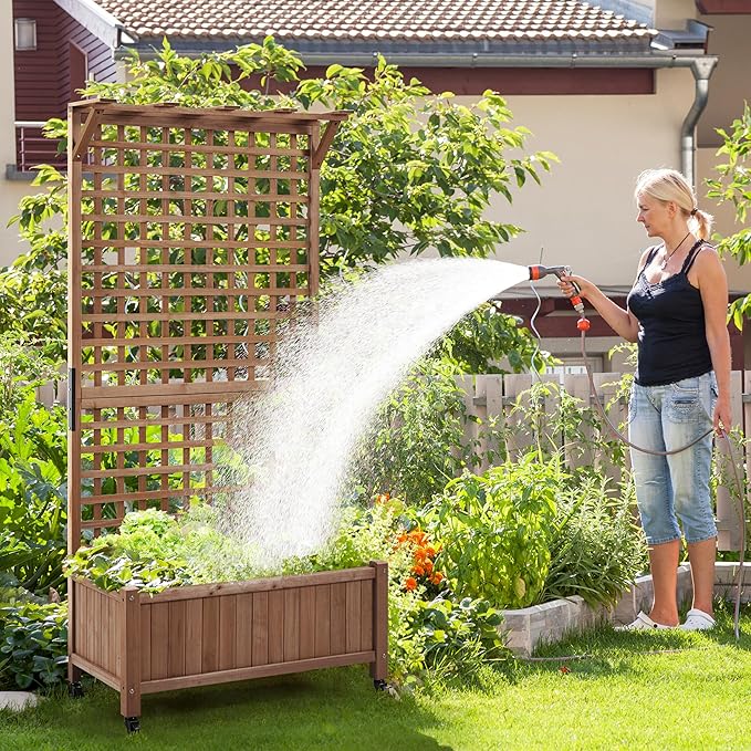 Yaheetech 72 H Garden Planter with Trellis for Vine Climbing Horticultural Plants Outdoor Raised Box with Drainage Holes Raised Garden Bed for Flowers Dark Brown 2pcs