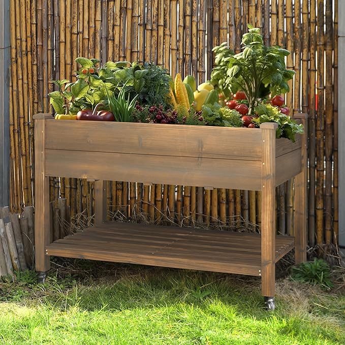 VEIKOU 48x24x33in Cedar Raised Garden Bed Planter Raised Beds with Lockable Wheels Storage Shelf Raised Garden Beds Outdoor for Backyard Patio Balcony Rustic