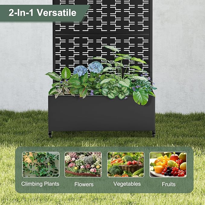 Planter Box with Trellis and Wheels Metal Privacy Screen with Garden Beds Outdoor for Climbing Plants Standing Planter Boxes with Drainage Holes (35 L×16 W×71 H Black Rectangle)