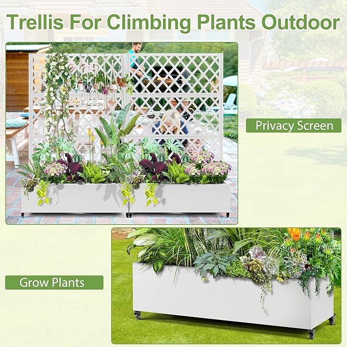 Metal Planter Trellis Box with Wheels &amp Drain Plug Outdoor Raised Garden Bed Patio Privacy Screen with Planter for Climbing Plants Vegetables 73x47x16 White-Diamond