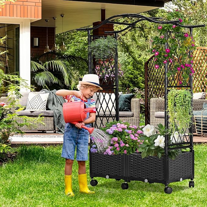 Planter Box with Trellis Outdoor Plastic Raised Garden Bed Trellis Planter Box with Wheels and Drainage Hole for Patio Balcony Backyard Indoor Flower Vegetable Tomato Black