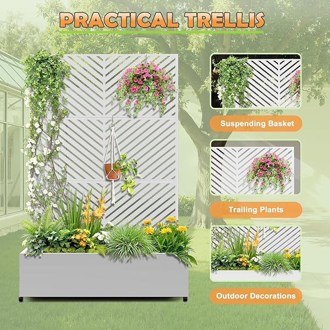 Metal Raised Garden Bed with Trellis 2-in-1 Planter Box &amp Privacy Screen for Climbing Plants Outdoor Standing Flower Bed with Drainage Holes 47.2 L x 16.7 W x 70.8 H White-Parallel