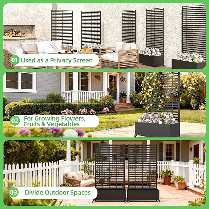 Metal Planter Box with Trellis 73x 35x 16 Raised Garden Bed with Wheels and Drainage Holes Planter with Trellis for Garden Balcony and Patio Black Louvered