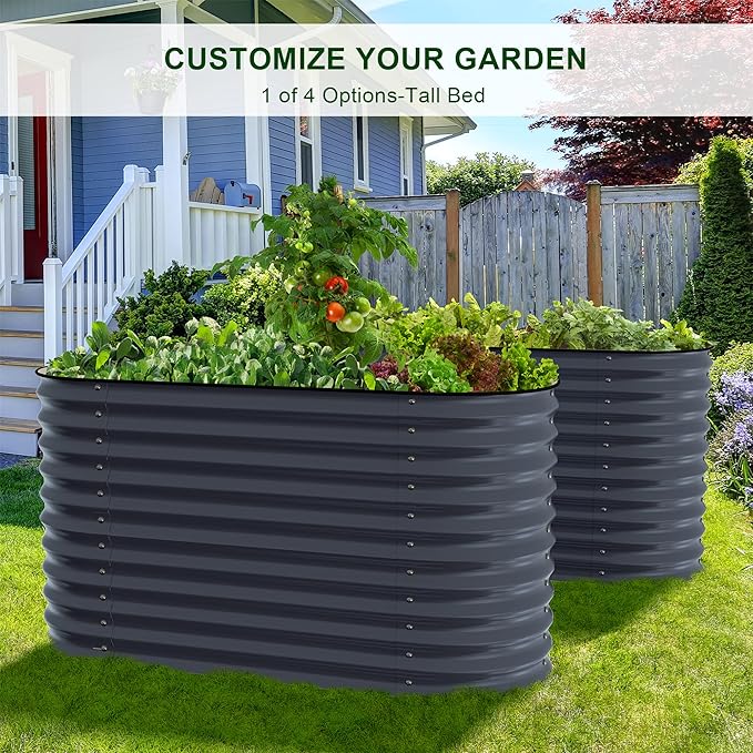 Olle 4-Style Modular Galvanized Raised Garden Beds Outdoor Easy Quick Setup 17 Tall 4-in-1 Metal Planter Boxes Outdoor for Flowers Vegetables Fruits Herbs DIY Gardening Grey