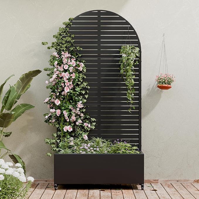 Casaphoria Metal Raised Garden Bed with Trellis and Wheels 72x35x16 Arched Planter Box for Climbing Plants Vegetables &amp Vines Features Drainage Holes and Privacy Screen (Black-Louvered)