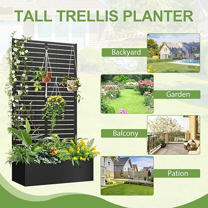 Trellis for Climbing Plants OutdoorMental Garden Bed with Drainage Holes Outdoor Privacy Screen Design Tall planters for herb Flower Vegetables 73x35x16 Black-Louvered