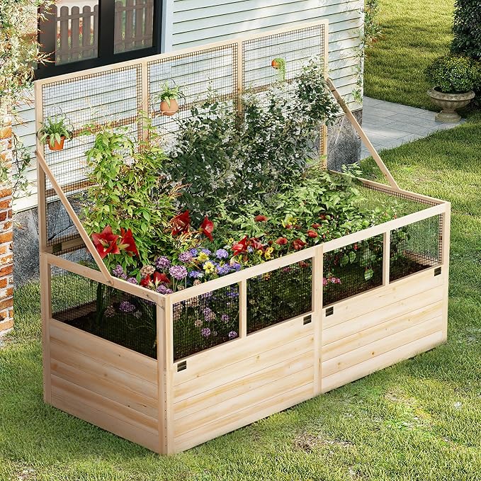AMERLIFE Raised Garden Bed with Hinged Fencing and Trellis 18 Inch Deepened Wood Planter Box 2 PCS Flip-up Front Panel Easy Assembly Ideal for Seed Starting and Growing Vegetables &amp Fruits