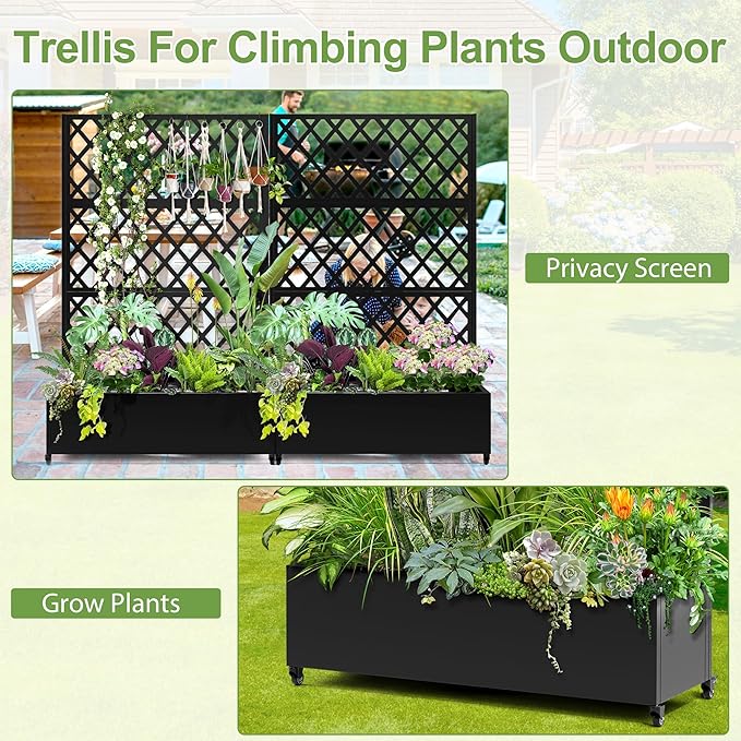 Metal Planter Trellis Box with Wheels &amp Drain Plug Outdoor Raised Garden Bed Patio Privacy Screen with Planter for Climbing Plants Vegetables 73x47x16 Black-Diamond