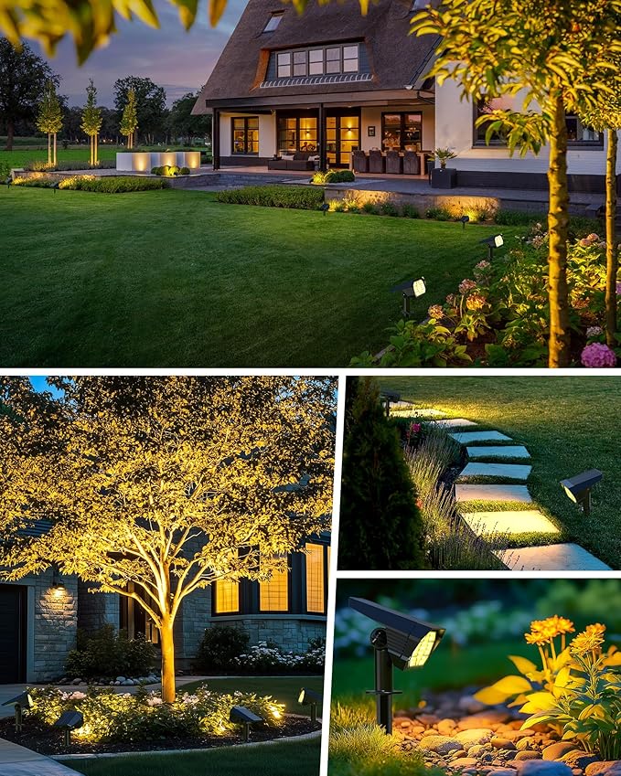 Brightown Solar Lights Outdoor with 58 LED &amp Auto ON/Off IP67 Solar Spot Lights Outdoor with 3 Light Intensities. 2-in-1 Outdoor Solar Lights for Yard Gardens Flag and Pathways. 4Pcs (Warm Whit