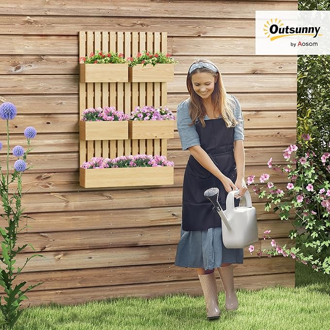 Outsunny 5 Box Raised Garden Bed with Trellis for Vine Flowers &amp Climbing Plants 39 Tall Wall-Mounted Wood Planter Box Set with Adjustable Height Drainage Hole Natural