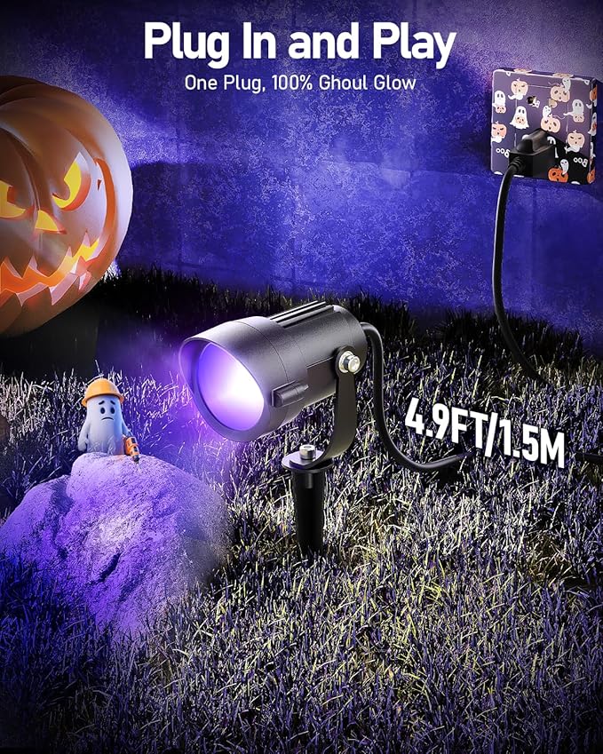 HIBOITEC Halloween Black Light Spotlight Outdoor 12W IP65 Waterproof LED Spot Lights Landscape Lighting with US Plug for Glow Party Body Paint Yard Garden Decorations 4Packs
