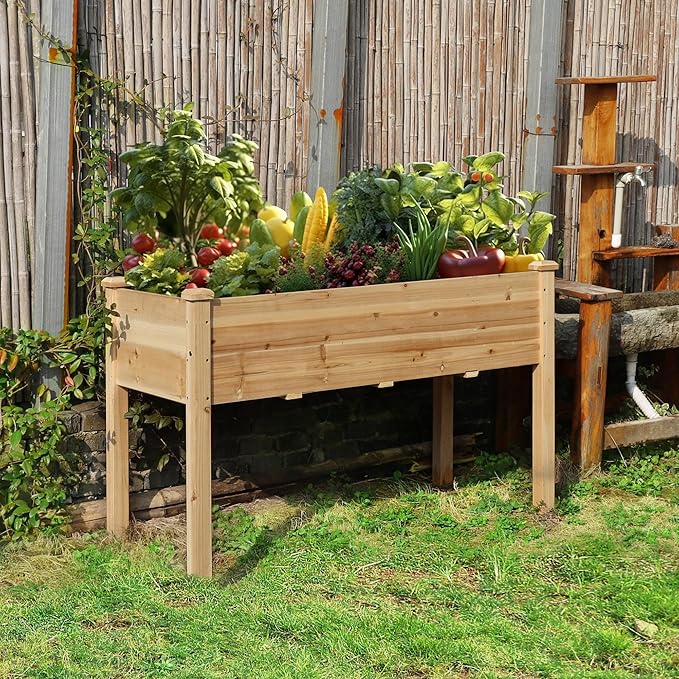 47x23x30in Raised Garden Bed with Legs Outdoor Elevated Wood Planted Box with Liner &amp Drainage Hole for Vegetable Flower Backyard and Patio Natural