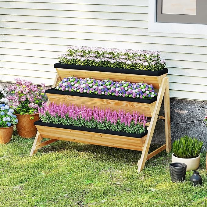 Giantex 3-Tier Vertical Raised Garden Bed Wood Elevated Planter Box with Legs Storage Shelf Liners for Growing Vegetables Herbs Flowers Indoor Outdoor Freestanding Raised Bed for Patio (Natural)