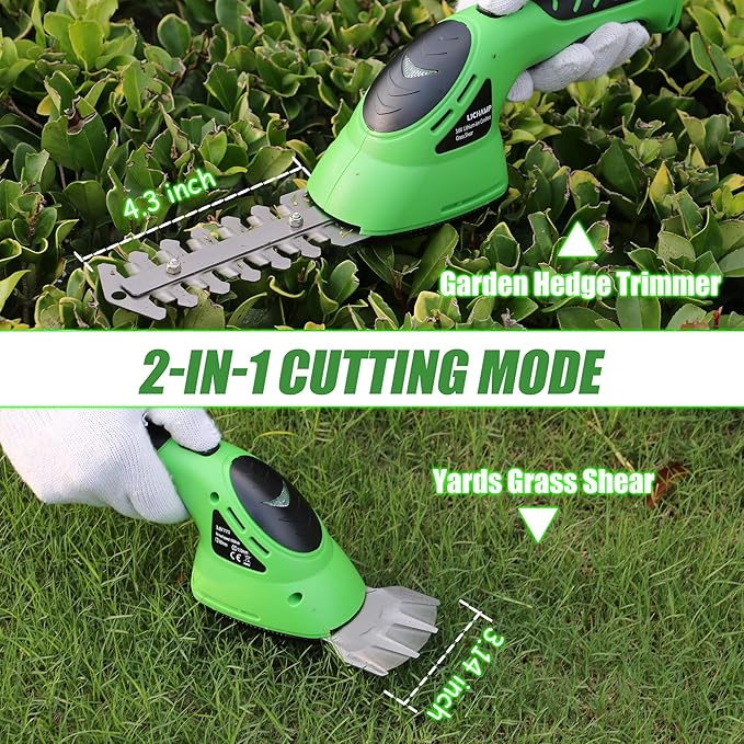 Lichamp 2-in-1 Electric Hand Held Grass Shear Hedge Trimmer Shrubbery Clipper Cordless Battery Powered Rechargeable for Garden and Lawn CGS-3602 Grass Green