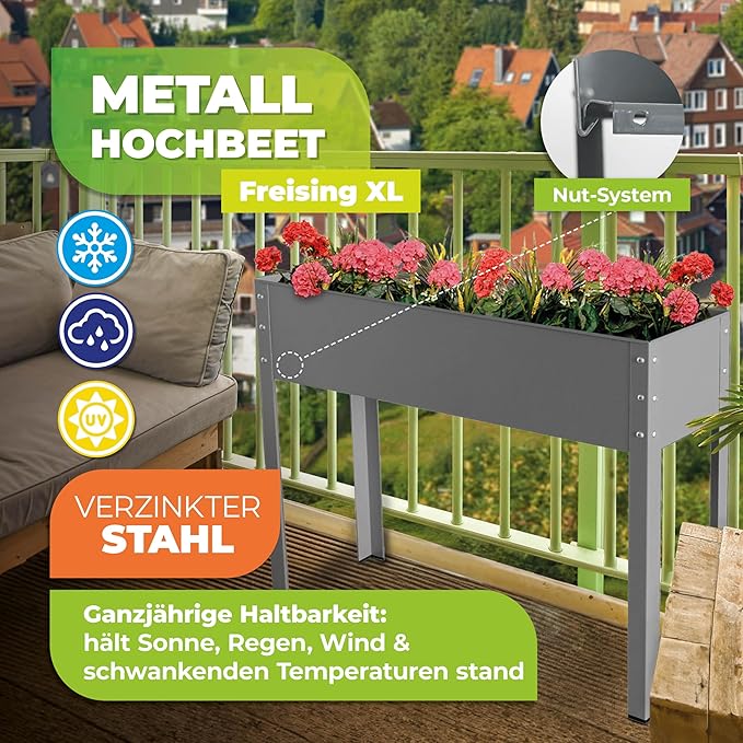 Bio Green Metal Raised Garden Bed Freising-XL with Drainage I Large Galvanized &amp Powder-Coated Outdoor Planter Box with Legs for Herb Garden Flowers Vegetables Patio I 40x12x31.5 inch Anthraci
