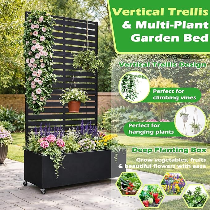 Metal Planter Box with Trellis 43” L x 16” W x 71” H Raised Garden Bed with Wheels Privacy Planters for Patio Metal Planter Box with Drainage Holes Black