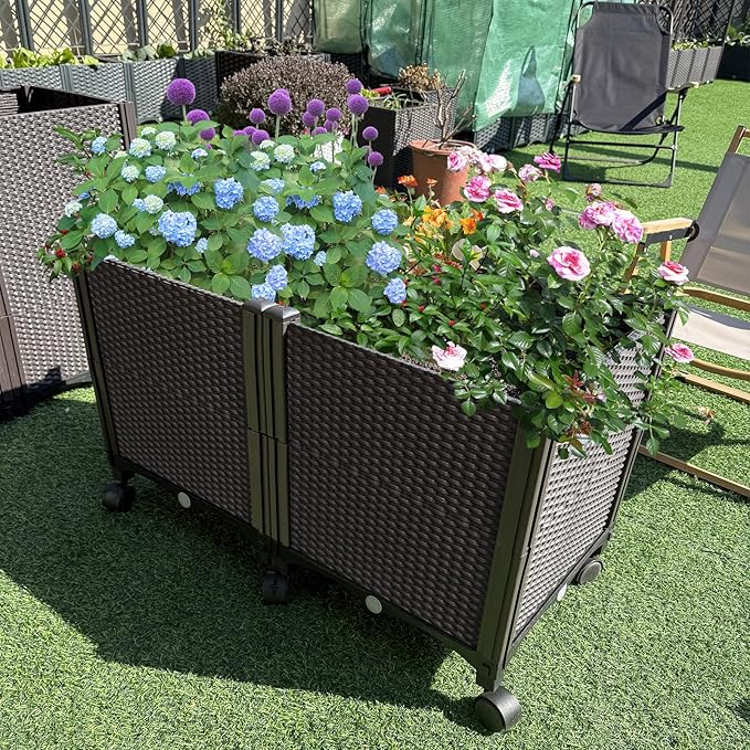 MAYOLIAH Deep Root Raised Garden Bed on Wheels Outdoor Large Plastic Planter Box with Drain Plugs 31.5x15.7x19.7-inch Brown