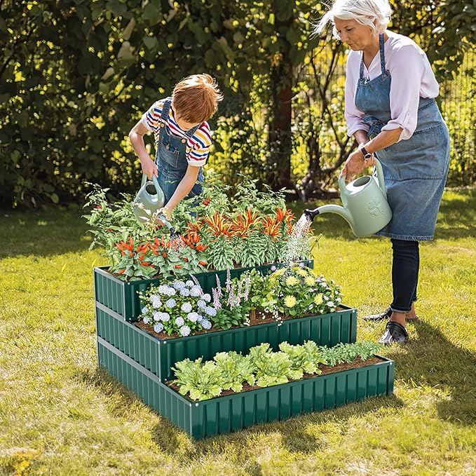 Giantex 3-Tier Raised Garden Bed Set 2 47 x47''x24'' Heavy-Duty Metal Outdoor Planter Box w/Open-Ended Base Elevated Planter Box for Vegetable Fruit Flower Herb Patio Backyard Raised Bed Kit