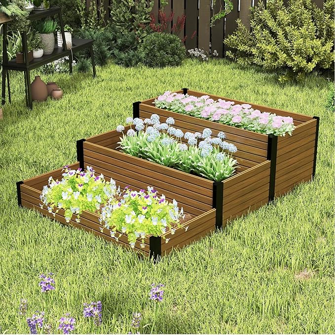 Elevated Wooden Raised Garden Planter - 3-Tier Outdoor Flower &amp Vegetable Box for Patio Backyard or Garden - Durable Weather-Resistant Design - 47.2 x 21.7 x 18.1 (Brown)
