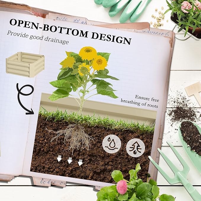 Outsunny Galvanized Raised Garden Bed 73.5 Tall Outdoor Planter Box with Trellis Tomato Cage and Open Bottom for Climbing Vines Vegetables Flowers in Backyard Garden Patio Cream