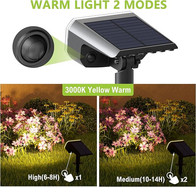 DAMINY Solar Spotlights Waterproof IP65Auto On/Off3000K 2 Lighting Modes Solar spot Lights for GardenPathwayYardLandscape-4 Pack