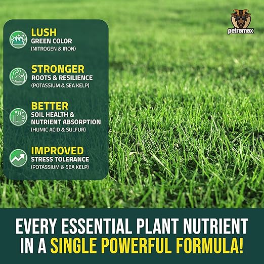PetraMax Neighbor’s Envy Grass Fertilizer for Lawn &amp Garden 4 Gallon Covers up to 64000 sq.ft. 7-in-1 Liquid Lawn Fertilizer Concentrate for Deep Green Turf - Includes Nitrogen/Iron/Humic/Sea Ke