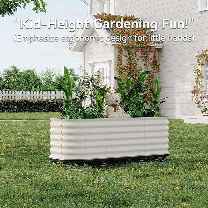 GarveeHome Self-Watering Wheeled Metal Garden Bed – Mobile Raised Planter Box with Water Galvanized Steel Indoor/Outdoor Rolling Grow Station for Herbs Veggies &amp Decor (94.5x23.6x19.7)White