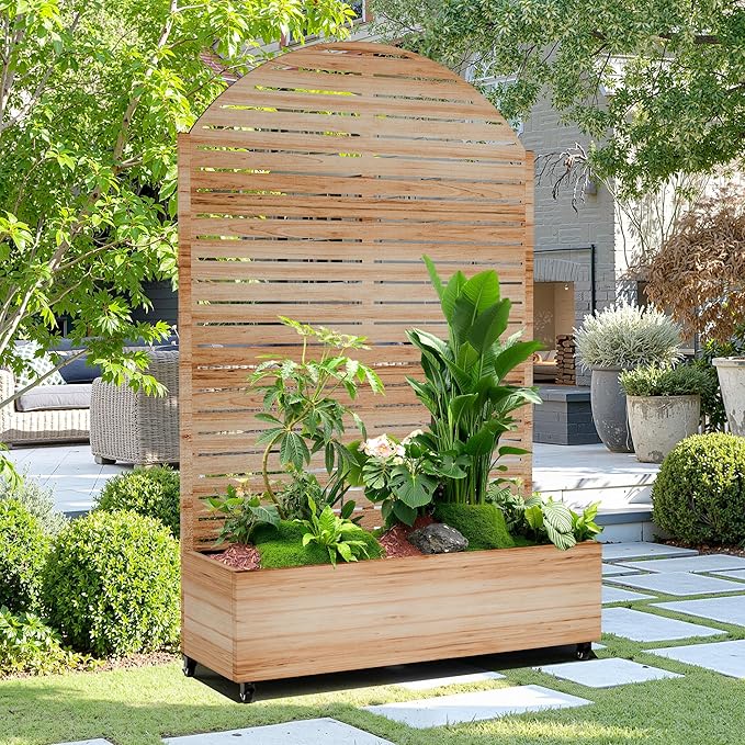 Metal Trellis Planter Box for Climbing Plants Large Raised Garden Bed with Trellis and Wheels 47 L Standing Privacy Planter for Patio with Drainage Holes (Acacia Wood Grain Louvered)