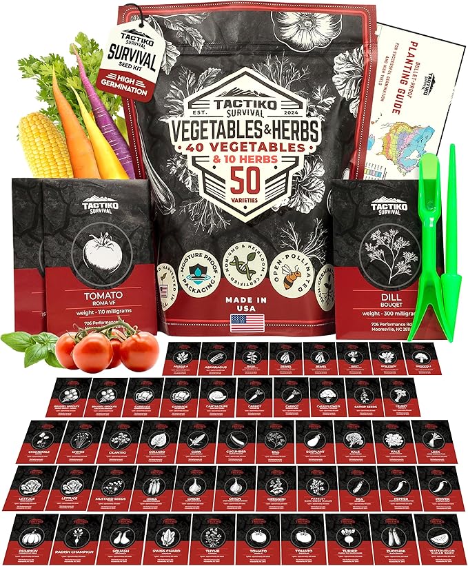 50 Tactiko Survival Vegetable Herb &amp Fruit Seed Kit - U.S.A. Harvested Varieties - Over 35000 Non-GMO Heirloom Seeds - Emergency Seed Vault in Waterproof Mylar Bag - Long-Term Storage