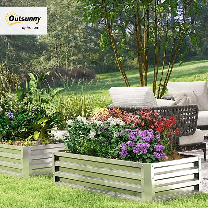 Outsunny Galvanized Raised Garden Bed 4' x 2' x 1' Metal Planter Box for Growing Vegetables Flowers Herbs Succulents Silver