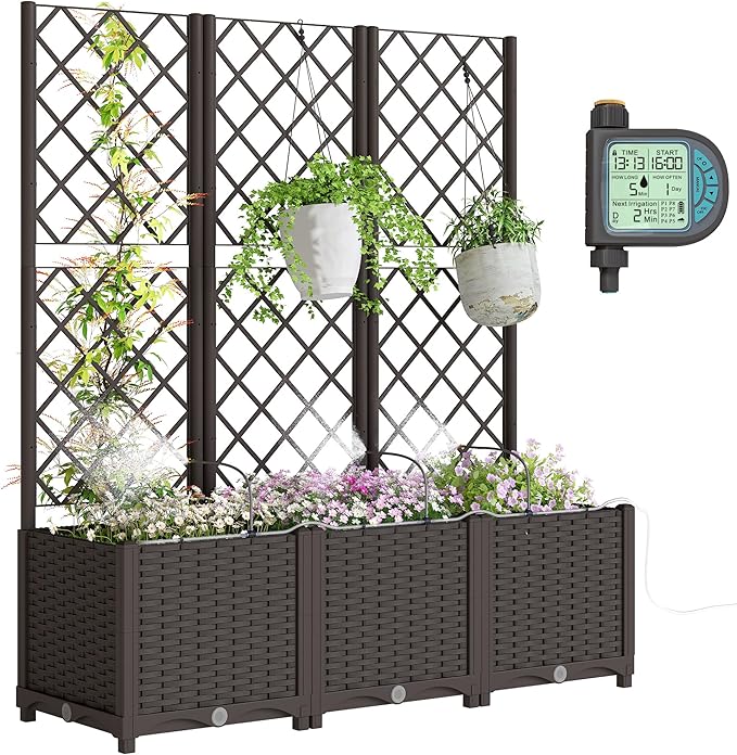 Outsunny 3PCS Plastic Planter Box with Trellis Self-Watering Raised Garden Bed with Trellis and Automatic Watering Timer Kit Outdoor Raised Planter with Drainage Holes Plugs and Water Reservoir