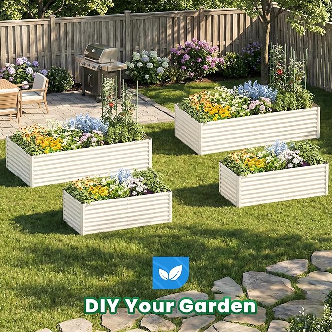Quictent Galvanized Raised Garden Bed Metal Planter Box Bottomless for Backyard Outdoor Include 1 pc Tomato Cage Beige 6x3x2 Ft