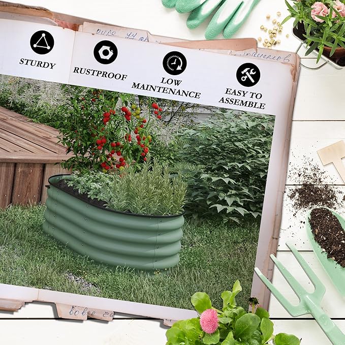 3.5' x 2' x 1.4' Galvanized Raised Garden Bed Kit Outdoor Metal Elevated Planter Box with Safety Edging Easy DIY Stock Tank for Growing Flowers Herbs Vegetables Green
