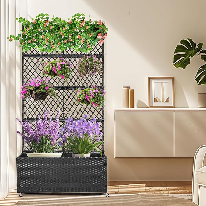 GENMOUS 72in/5.9ft Metal Raised Garden Bed with Trellis Planter Box Trellis with Wheels for Vine Climbing Plants Trellis with Drainage Holes for Flowers Vegetables in Garden Patio Balcony （Black）